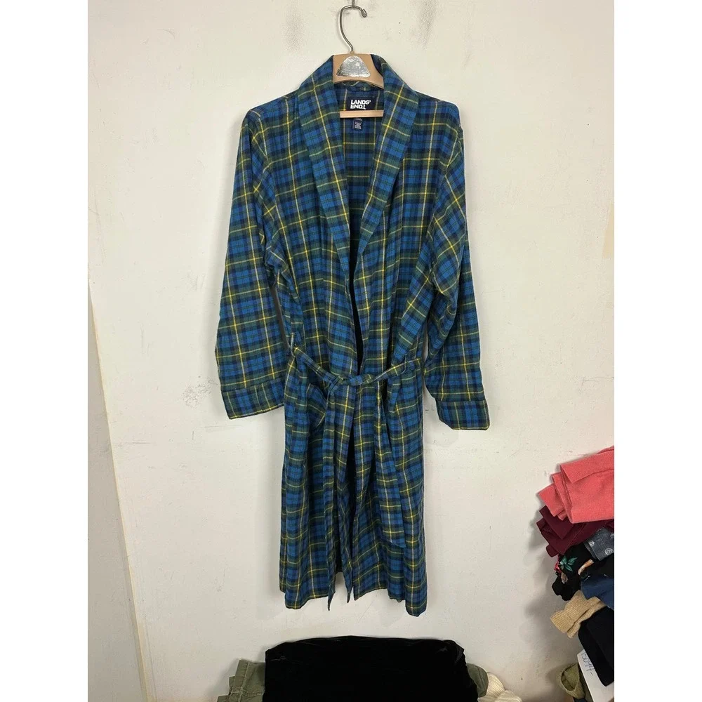 Lands End Mens Flannel Robe Blue Green Plaid Cotton Shawl Collar Belted Size M